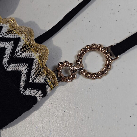 Y2K Bikini Swimsuit Crochet Pushup Bra 8 Top 6 String Small S Black Gold Mobwife - Picture 3 of 12